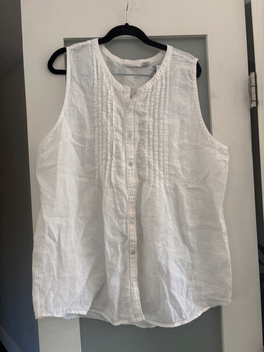 Sigrid Olsen White Sleeveless Pintuck Button-Front Linen Blouse